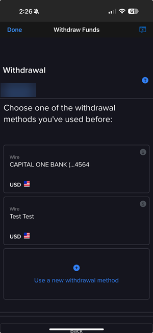The saved withdraw method on the iPhone. 